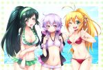  3girls beach bikini blonde_hair breasts cleavage female green_eyes green_hair hairband long_hair manmaru_tamago multiple_girls one_eye_closed ponytail purple_hair swimsuit touhoku_zunko tsurumaki_maki v violet_eyes vocaloid voiceroid yellow_eyes yuzuki_yukari 