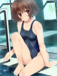  1girl arm_support bare_legs blush brown_eyes brown_hair competition_swimsuit covered_navel feet_in_water ikoma_minami kami_nomi_zo_shiru_sekai one-piece_swimsuit pool short_hair sitting soaking_feet solo swimsuit wataru_(zazazazazazawa) water 