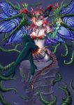  1girl bare_shoulders blue_legwear boots breasts butterfly_wings cleavage crown demon_girl demon_tail elbow_gloves gloves green_eyes hera-beorc_(p&amp;d) hera_(p&amp;d) mewwuwu multicolored_hair orange_hair pointy_ears puzzle_&amp;_dragons redhead smile tail thigh-highs thigh_boots vines wings 