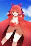  1girl arano_oki bare_shoulders bikini blue_sky blush bow breasts cape cleavage clouds hair_bow highres large_breasts open_mouth red_eyes redhead sekibanki short_hair sky smile solo swimsuit touhou 