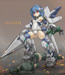  2girls battle blue_hair blue_legwear damaged defeat densou_tenshi_valforce detached_arm green_legwear ground_shatter hair_intakes headgear huge_weapon kannagi_ai karukan_(monjya) lance mecha_musume mechanical_arms multiple_girls one-piece_swimsuit polearm red_eyes school_swimsuit short_hair small_breasts standing_on_person swimsuit thigh-highs thrusters weapon white_swimsuit 