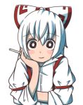  1girl alison_(alison_air_lines) black_eyes blush_sitckers bow cigarette elbow_rest fujiwara_no_mokou hair_bow long_hair looking_at_viewer solo touhou white_background white_hair 