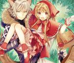  1boy 1girl animal_ears big_bad_wolf_(grimm) blonde_hair carrying claws gloves grimm&#039;s_fairy_tales hood kurodeko little_red_riding_hood little_red_riding_hood_(grimm) long_hair original princess_carry red_eyes silver_hair wolf_ears yellow_eyes 