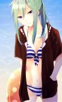 1girl absurdres bikini blue_eyes green_hair highres hoodie innertube kagerou_project kido_tsubomi long_hair nako_(inamenaihane) navel ponytail swimsuit 