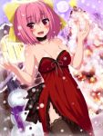  1girl apollo_(kaminomi) bare_shoulders black_legwear blush bow carrot choker christmas_tree dress glasses hair_bow halo kami_nomi_zo_shiru_sekai nakagawa_kanon open_mouth pink_hair red_dress red_eyes short_hair snow snowman solo strapless_dress thigh-highs wataru_(zazazazazazawa) 