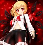  1girl :q ahoge blonde_hair blood blood_on_face blood_on_fingers blush ex-rumia hair_ribbon hand_on_own_chest highres navel open_clothes open_shirt red_eyes ribbon rumia shiron_(e1na1e2lu2ne3ru3) short_hair skirt smile solo tongue tongue_out torn_clothes torn_skirt touhou 