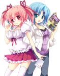  2girls :d blue_eyes blue_hair breasts casual character_request cleavage hair_ornament hair_ribbon hinata_momo holding magazine multiple_girls open_mouth pachislot_7 pen pink_eyes pink_hair ribbon short_hair smile thigh-highs twintails white_legwear zettai_ryouiki 