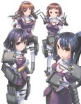  4girls ashigara_(kantai_collection) bangs black_hair blue_eyes blunt_bangs brown_hair elbow_gloves finger_to_mouth gloves haguro_(kantai_collection) hair_ornament hairband hairclip half_updo kantai_collection long_hair multiple_girls myoukou_(kantai_collection) nachi_(kantai_collection) one_eye_closed orange_eyes pantyhose pink_eyes ponytail s_ibane short_hair simple_background smile standing swept_bangs white_background white_gloves white_legwear 