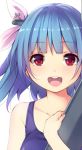  1girl blue_hair bust face hair_ribbon holding i-19_(kantai_collection) kantai_collection looking_at_viewer lowres open_mouth red_eyes ribbon solo swimsuit unasaka_ryou 