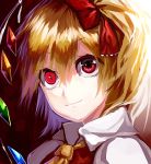  1girl absurdres asymmetrical_hair asymmetrical_wings blonde_hair bow dress flandre_scarlet hair_bow hair_ribbon highres looking_up red_dress red_eyes ribbon side_ponytail slit_pupils smile solo_focus touhou uu_uu_zan white_blouse wings 
