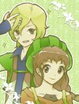  1boy 1girl background blonde_hair blue_shirt braid brown_eyes brown_hair collared_shirt flower freckles hat isuzu_(log_horizon) log_horizon long_hair lunderhaus_cord ponytail short_hair smile sparkle tosu 