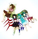  4girls ahoge alternate_costume animal_ears asymmetrical_wings barefoot black_hair blue_hair brown_hair capelet dress futatsuiwa_mamizou glasses glasses_removed green_hair hand_on_own_stomach high_collar highres houjuu_nue imomiso kasodani_kyouko leaf leaf_on_head looking_at_viewer lying lying_on_person multiple_girls no_shoes on_back on_side on_stomach pointy_ears raccoon_ears raccoon_tail ribbon side_glance simple_background skirt skirt_set sleeping smile socks tail tatara_kogasa touhou white_background wings wrist_cuffs 