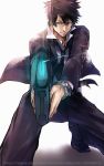  1boy black_hair blue_eyes dominator_(gun) formal gun highres kougami_shin&#039;ya necktie psycho-pass solo suit teruru_(tgtgh) weapon 