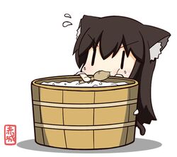  1girl :3 akagi_(kantai_collection) animal_ears brown_hair cat_ears cat_tail character_name chibi eating food food_on_face kantai_collection long_hair lowres ogarasu rice rice_on_face rice_spoon solo sweatdrop tail 