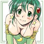 bare_shoulders blush breasts cleavage earrings elbow_gloves final_fantasy final_fantasy_iv green_eyes green_hair hair_ornament leaning_forward leotard necklace oekaki rydia smile 