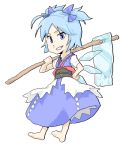  barefoot blue_eyes blue_hair cirno cosplay hoe lowres onozuka_komachi onozuka_komachi_(cosplay) poketto short_hair solo touhou twintails wings worktool 