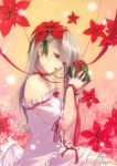  bow brown_eyes christmas dress flower frills gift hair_bow hidari_(left_side) highres left_side long_hair open_mouth poinsettia ribbon silver_hair solo white_canvas 