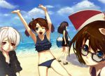  arms_up bad_id black_hair blue_eyes brown_hair face glasses multiple_girls open_mouth original red_eyes shirabi_(life-is-free) short_hair silver_hair swimsuit twintails wink 