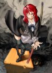  blue_eyes boots face hands highres katana legs long_hair original perspective realmbw red_hair redhead sheath sheathed smile solo sword weapon wink 