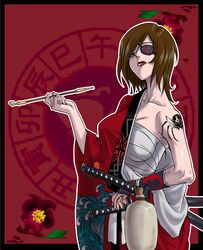  brown_hair eyepatch hirabaru_kenji japanese_clothes katana kimono kiseru meiko pipe sarashi short_hair solo sword tattoo vocaloid weapon 