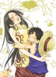  bird black_hair blush boa_hancock breast_press breasts closed_eyes cocotri dirty dove earrings happy hat heart height_difference hug huge_breasts jewelry long_hair monkey_d_luffy one_piece open_mouth scar smile straw_hat sweat very_long_hair 