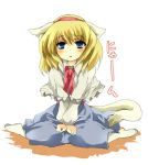  animal_ears blonde_hair blue_eyes cat_ears cat_tail kemonomimi_mode nyan short_hair sitting tail touhou wariza yuzuyunagi 