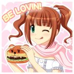  :p aqua_eyes bad_id blush brown_hair food fujimiya_yuu green_eyes hamburger idolmaster pedobear scarf short_hair smile solo takatsuki_yayoi tongue twintails wink 