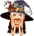  blue_eyes braid hair_ribbon halloween hat jack-o'-lantern jack-o-lantern original pumpkin ribbon smile solo twin_braids witch_hat 