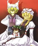  animal_ears blonde_hair bow bowtie brown_hair cat_ears cat_eyes cat_tail chen evil_grin evil_smile fox_ears glowing glowing_eyes grin hair_bow hat hosoi_kouzou long_hair multiple_girls multiple_tails red_eyes ribbon sharp_teeth short_hair slit_pupils smile smirk tail touhou troll_face yakumo_ran yakumo_yukari yellow_eyes you_gonna_get_raped 