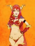 alexstrasza armlet bikini_armor boots cape choker claws cleavage gauntlets glowing_eyes horns jewelry long_hair midriff navel necklace redhead thigh-highs thigh_boots warcraft world_of_warcraft yellow_eyes 
