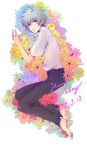  belt feet fetal_position flower hands male nagisa_kaworu neon_genesis_evangelion pants silver_hair white_shirt 