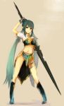  blue_hair boots conoha gloves judith lance long_hair midriff pointy_ears polearm smile solo tales_of_(series) tales_of_vesperia weapon 