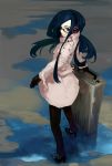  blue_hair coat face glasses gloves green_eyes headphones highres long_hair looking_back original shirabi_(life-is-free) solo suitcase 
