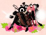  alternate_hairstyle aqua_eyes boots casual fashion flower gloves guitar hair_flower hair_ornament high_heels instrument jewelry katase_waka long_hair megurine_luka pantyhose pink_hair rose shoes side_ponytail single_thighhigh sitting smile solo thigh-highs thighhighs vocaloid 