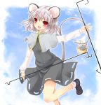  basket capelet dowsing_rod fuyu-nagi grey_hair jewelry mouse mouse_ears mouse_tail nazrin open_mouth pendant red_eyes short_hair smile solo standing_on_one_leg tail touhou 
