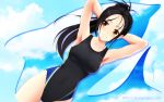  armpits arms_behind_head arms_up black_hair cloud competition_swimsuit dutch_angle long_hair one-piece_swimsuit orange_eyes ponytail sky solo swimsuit wallpaper 