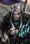   armor blood blood_elf breasts cleavage death_knight gauntlet gauntlets glowing_eyes pale_skin grey_eyes torn_clothes undead warcraft white_hair world_of_warcraft  