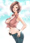  breasts brown_eyes brown_hair casual cleavage front-tie_top hirabaru_kenji jeans large_breasts lips meiko midriff navel pants short_hair smile solo vocaloid 