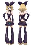  aqua_eyes back belt black_legwear blonde_hair boots dimples_of_venus dominatrix elbow_gloves flat_chest from_behind g-string garter_straps gloves hair_ornament hair_ribbon hairclip hand_on_hip hirabaru_kenji kagamine_rin kneepits miniskirt navel_piercing panties piercing ribbon short_hair simple_background skirt smile standing thigh-highs thigh_boots thighhighs thong underwear vocaloid yellow_panties zettai_ryouiki 