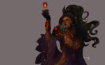  black_hair breasts claws cleavage dark_skin dress fire gloves herowing highres horns jewelry long_hair necklace onyxia orange_eyes ponytail warcraft world_of_warcraft 