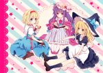  3girls :o alice_margatroid apron blonde_hair blue_eyes book boots border bow braid capelet crescent dress hair_bow hat hat_ribbon headband kirisame_marisa kneehighs lace long_hair looking_at_another looking_away mob_cap multiple_girls open_book open_mouth outstretched_arm patchouli_knowledge petticoat pointing purple_hair ribbon robe sash shanghai_doll short_hair short_sleeves simple_background single_braid sitting skirt skirt_set star striped striped_background torii_sumi touhou very_long_hair violet_eyes waist_apron wariza witch_hat yellow_eyes 
