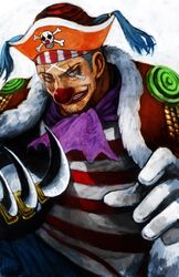  blue_hair buggy_the_clown clown face_paint foreshortening gloves grin hat knife knives lack male one_piece pirate pirate_hat realistic scarf shirt short_twintails solo striped striped_shirt twintails 