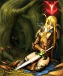  armor blonde_hair blood blood_elf boots breasts breath cape elf exhausted forest gloves glowing_eyes green_eyes korean long_hair pointy_ears sword thigh-highs torn_clothes translation_request tree warcraft world_of_warcraft 