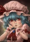  1girl ascot blue_hair brooch bust dress hat hat_ribbon highres jewelry looking_at_viewer open_mouth pink_dress portrait red_eyes remilia_scarlet ribbon solo touhou tsun_(tsutaya01) wrist_cuffs 