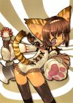  ass axe blade_(artist) blade_(lovewn) braid brown_hair cat_ears face_paint facepaint fringe gloves paws purple_eyes thighhighs tiger_print tribal violet_eyes weapon 