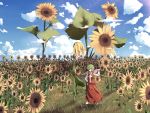  breasts closed_umbrella cloud flower flower_field grass green_hair hand_on_hip kazami_yuuka long_skirt mieharu oversized_object plaid plaid_skirt plaid_vest short_hair skirt skirt_set sunflower touhou umbrella wind 