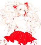  1girl blue_eyes bow dangan_ronpa enoshima_junko from_below hair_bow lineart long_hair mayer navel open_clothes open_shirt skirt smile solo spot_color twintails white_background 
