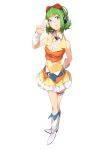  blue_eyes boots goggles goggles_on_head green_hair gumi headphones headset midriff mitosa short_hair simple_background skirt smile solo v vocaloid wrist_cuffs 