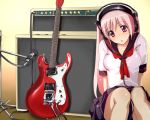  guitar headphones instrument original pink_eyes pink_hair school_uniform serafuku sitting solo 
