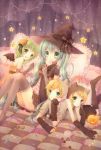  aqua_eyes aqua_hair arm_warmers bat_wings candy cat_ears cat_hood checkerboard_cookie checkered checkered_floor cookie elbow_gloves food food_themed_clothes gloves green_eyes green_hair gumi hair_ornament halloween hat hatsune_miku hood hoodie hoshisaki_yume kagamine_len kagamine_rin lollipop long_hair lyin lying on_stomach short_hair skirt smile socks swirl_lollipop thigh-highs thighhighs twintails vocaloid wings witch_hat zettai_ryouiki 